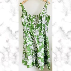 Green and White Floral Flared Sleeveless Dress